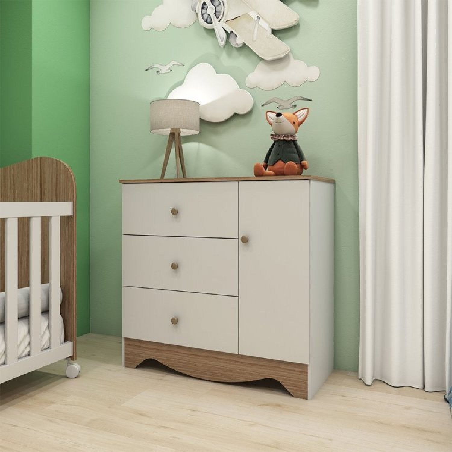 Encontraproduto.com.br - Quarto de Bebê Cômoda 3 Gavetas 1 Porta Berço Americano 3 em 1 Pirueta Espresso Móveis Branco Brilho/Carvalho