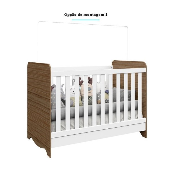 Encontraproduto.com.br - Quarto de Bebê Cômoda 3 Gavetas 1 Porta Berço Americano 3 em 1 Pirueta Espresso Móveis Branco Brilho/Carvalho