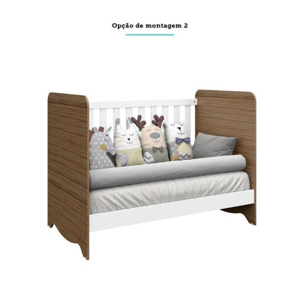 Encontraproduto.com.br - Quarto de Bebê Cômoda 3 Gavetas 1 Porta Berço Americano 3 em 1 Pirueta Espresso Móveis Branco Brilho/Carvalho