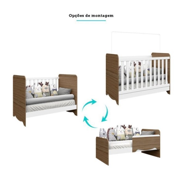 Encontraproduto.com.br - Quarto de Bebê Cômoda 3 Gavetas 1 Porta Berço Americano 3 em 1 Pirueta Espresso Móveis Branco Brilho/Carvalho