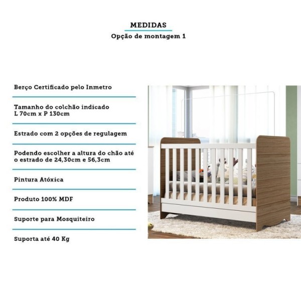 Encontraproduto.com.br - Quarto de Bebê Cômoda 3 Gavetas 1 Porta Berço Americano 3 em 1 Pirueta Espresso Móveis Branco Brilho/Carvalho