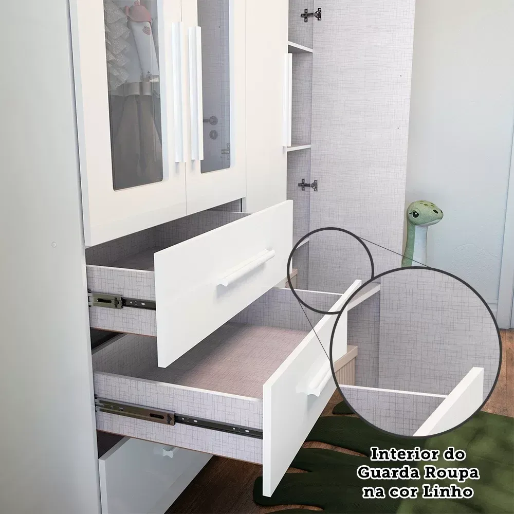 Encontraproduto.com.br - Quarto de Bebê Completo com Berço e Guarda Roupa com Janela em Acrílico 100% MDF Jolie Retrô Branco/Brilho