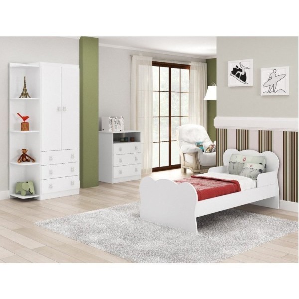Encontraproduto.com.br - Quarto Infantil Guarda Roupa 2 Portas 3 Gavetas Cômoda 3 Gavetas 1 Nicho Mini Cama DJD Móveis Branco