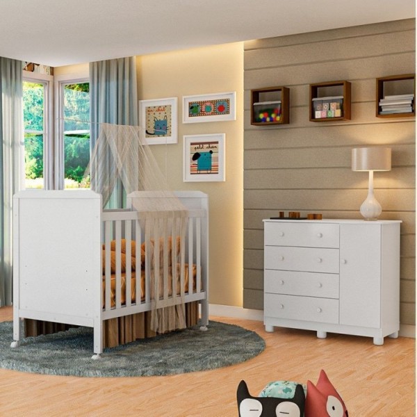 Encontraproduto.com.br - Quarto de Bebê com Cômoda 1 Porta e Berço Mini Cama 100% MDF Ciranda Móveis Peroba Branco Brilho