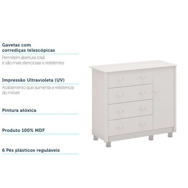 Encontraproduto.com.br - Quarto de Bebê com Cômoda 1 Porta e Berço Mini Cama 100% MDF Ciranda Móveis Peroba Branco Brilho