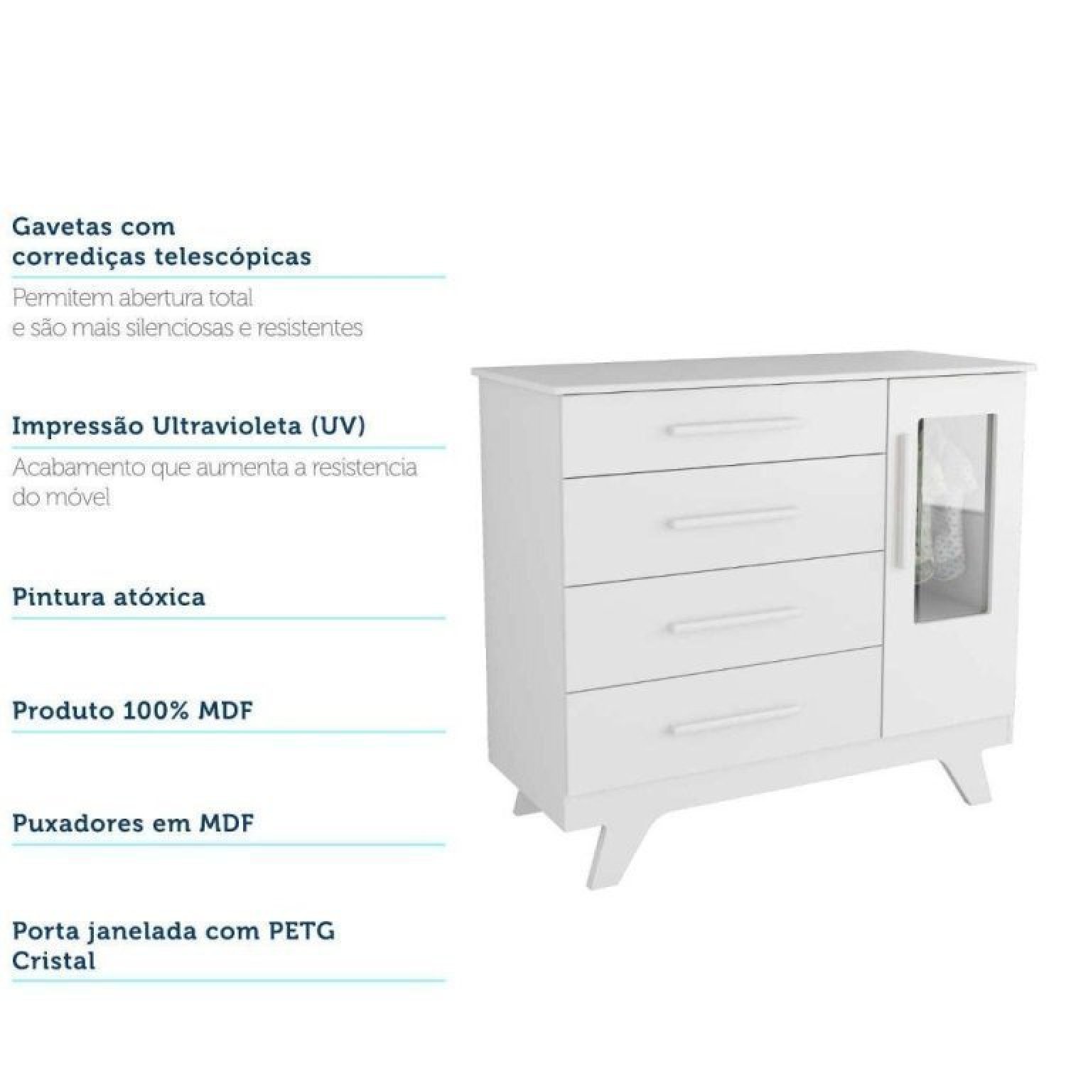 Encontraproduto.com.br - Quarto de Bebê com Cômoda 1 Porta com Janela em Acrílico e Berço Retrô Jolie Branco/Brilho