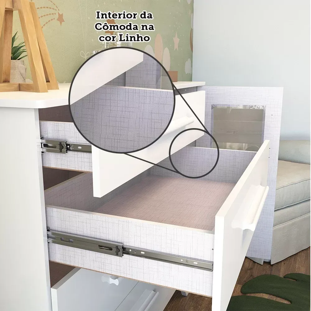 Encontraproduto.com.br - Quarto de Bebê com Cômoda 1 Porta com Janela em Acrílico e Berço Retrô Jolie Branco/Brilho