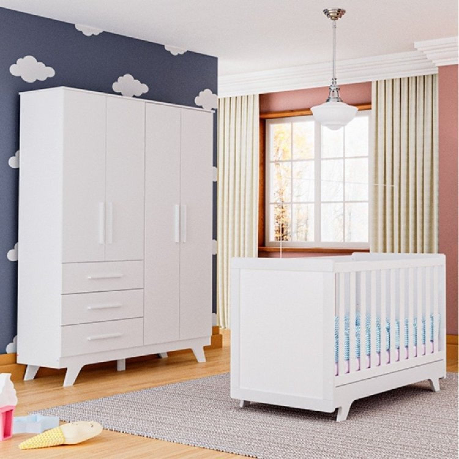 Encontraproduto.com.br - Quarto de Bebê Completo Berço Retrô com Guarda Roupa 4 Portas 3 Gavetas  100% MDF Jolie Branco Brilho