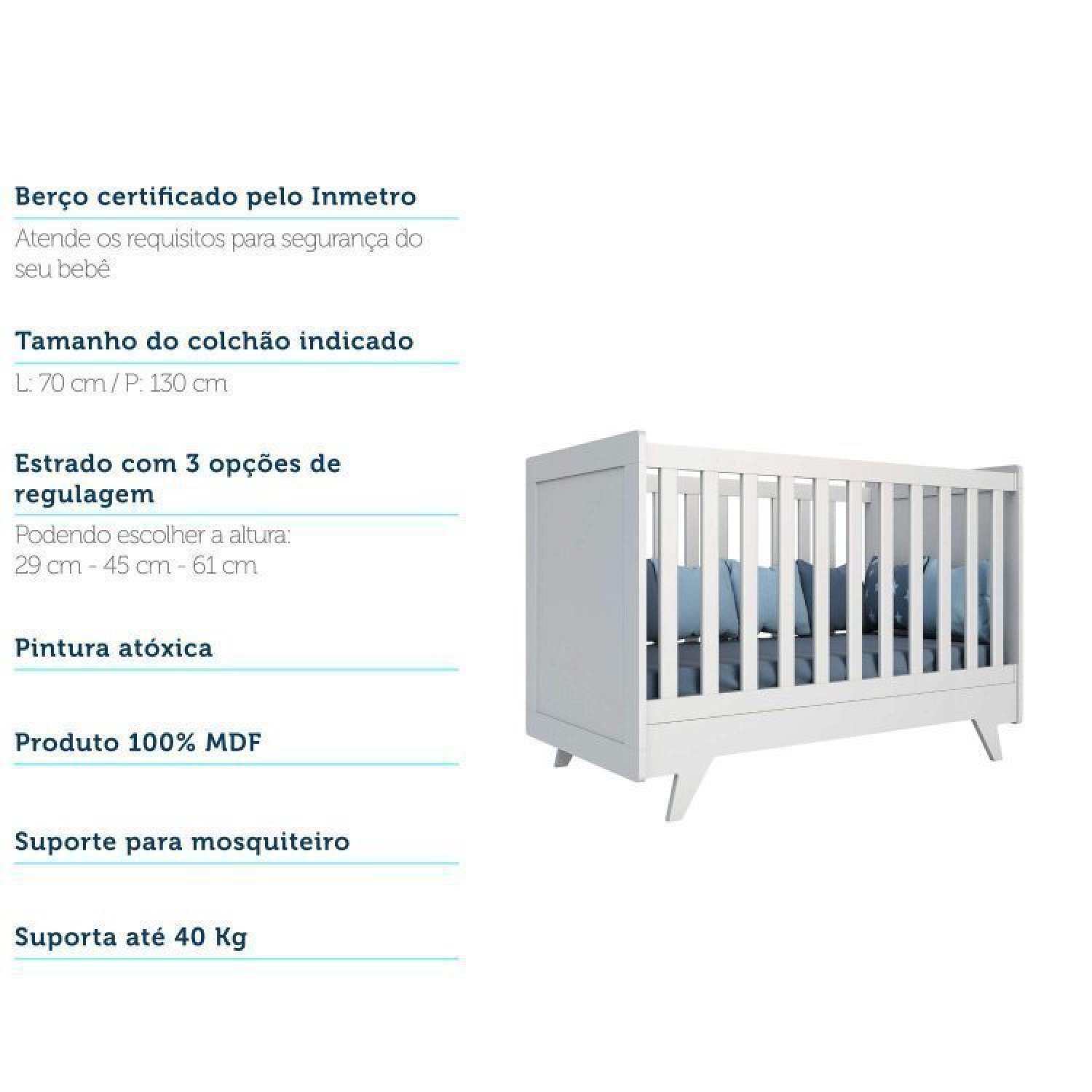 Encontraproduto.com.br - Quarto de Bebê Completo Berço Retrô com Guarda Roupa 4 Portas 3 Gavetas  100% MDF Jolie Branco Brilho