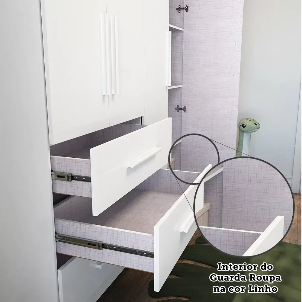 Encontraproduto.com.br - Quarto de Bebê Completo Berço Retrô com Guarda Roupa 4 Portas 3 Gavetas  100% MDF Jolie Branco Brilho
