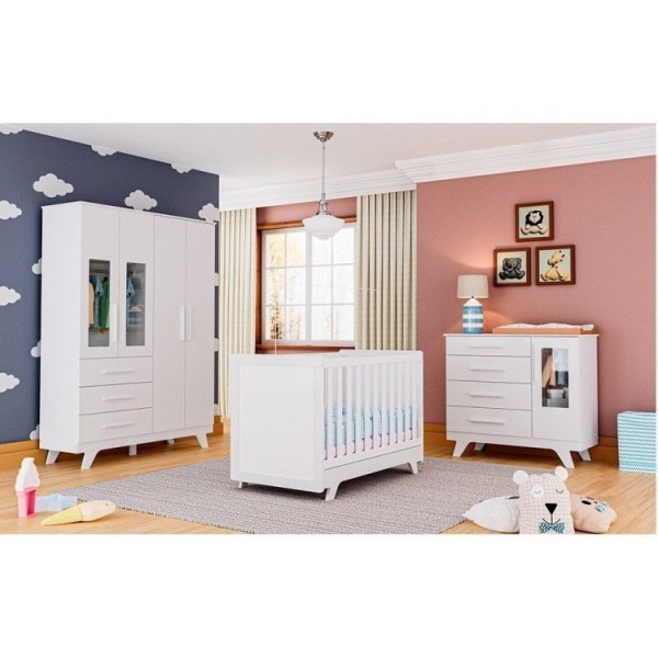 Encontraproduto.com.br - Quarto de Bebê Completo com Berço Cômoda e Guarda Roupa com Janela em Acrílico 100% MDF Jolie retrô Branco/Brilho