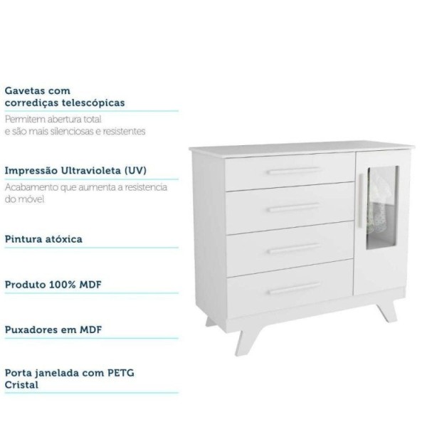 Encontraproduto.com.br - Quarto de Bebê Completo com Berço Cômoda e Guarda Roupa com Janela em Acrílico 100% MDF Jolie retrô Branco/Brilho