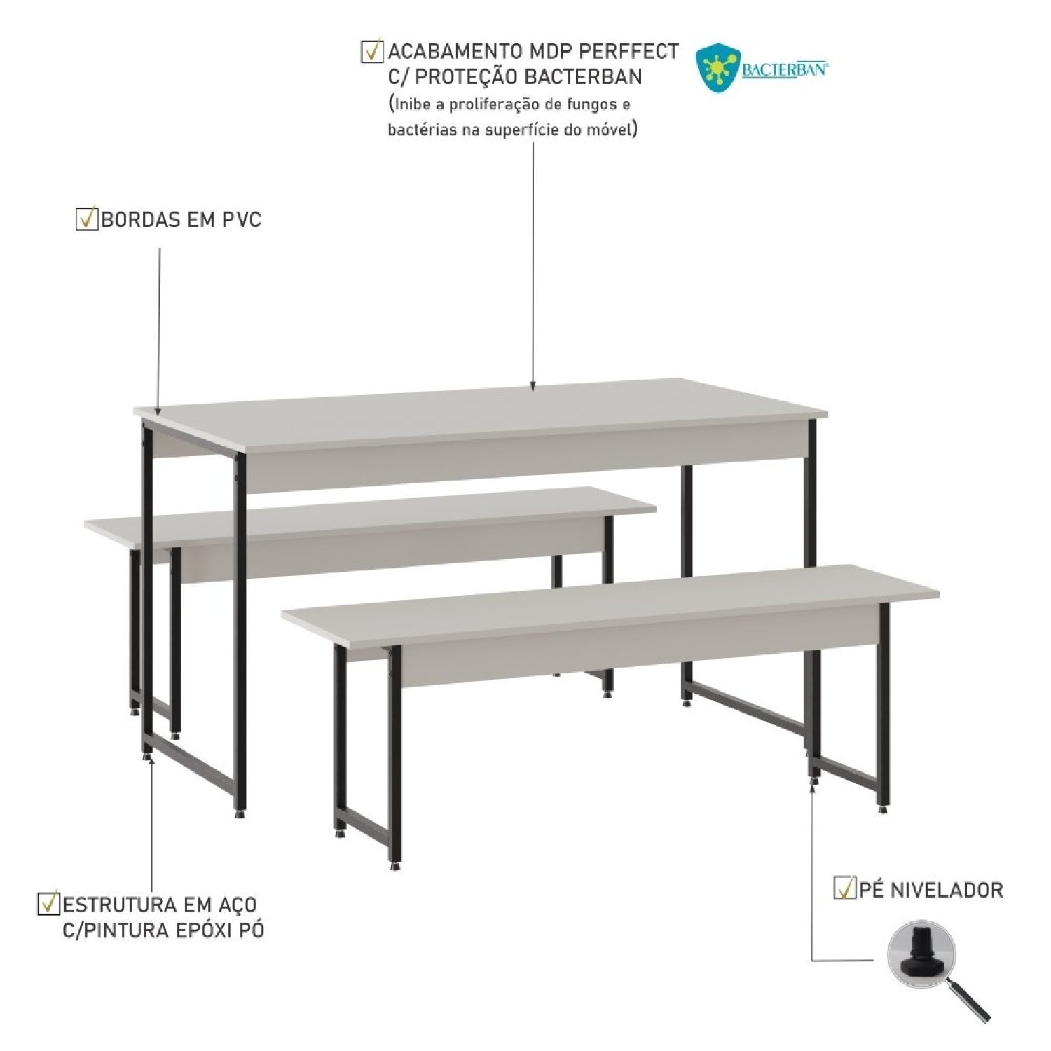 Encontraproduto.com.br - Conjunto Mesa De Jantar 2 Bancos Estilo Active Branco Chess