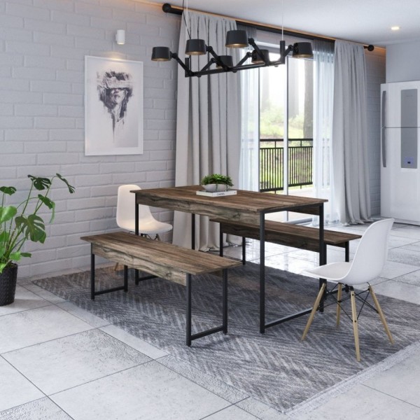 Conjunto Mesa De Jantar 2 Bancos Estilo Active Carvalho Dark
