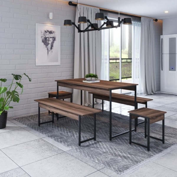 Encontraproduto.com.br - Conjunto Mesa De Jantar Com 2 Bancos 2 Banquetas Estilo Industrial Active Yescasa Nogal