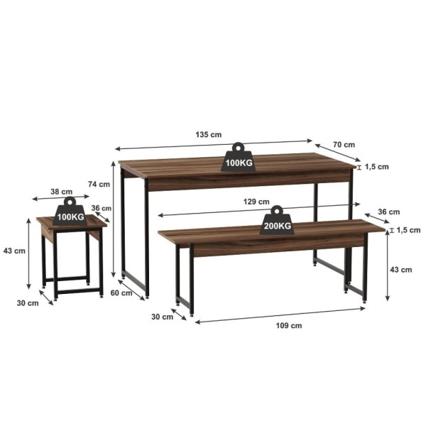 Encontraproduto.com.br - Conjunto Mesa De Jantar Com 2 Bancos 2 Banquetas Estilo Industrial Active Yescasa Nogal