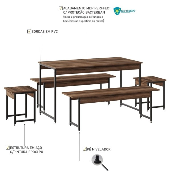 Encontraproduto.com.br - Conjunto Mesa De Jantar Com 2 Bancos 2 Banquetas Estilo Industrial Active Yescasa Nogal