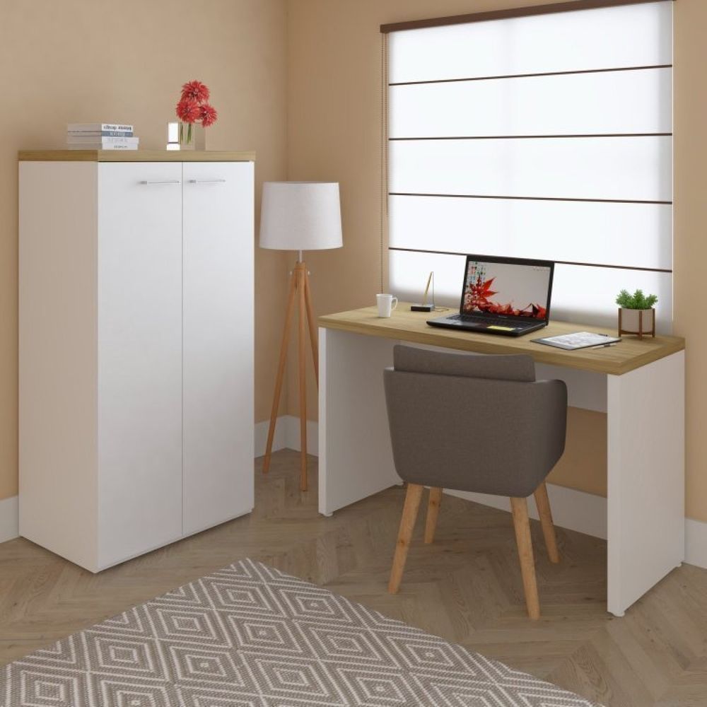 Conjunto Home Office 2 Peças Escrivaninha Toq E Armário 2 Portas Minimalista Artany Olmo/branco