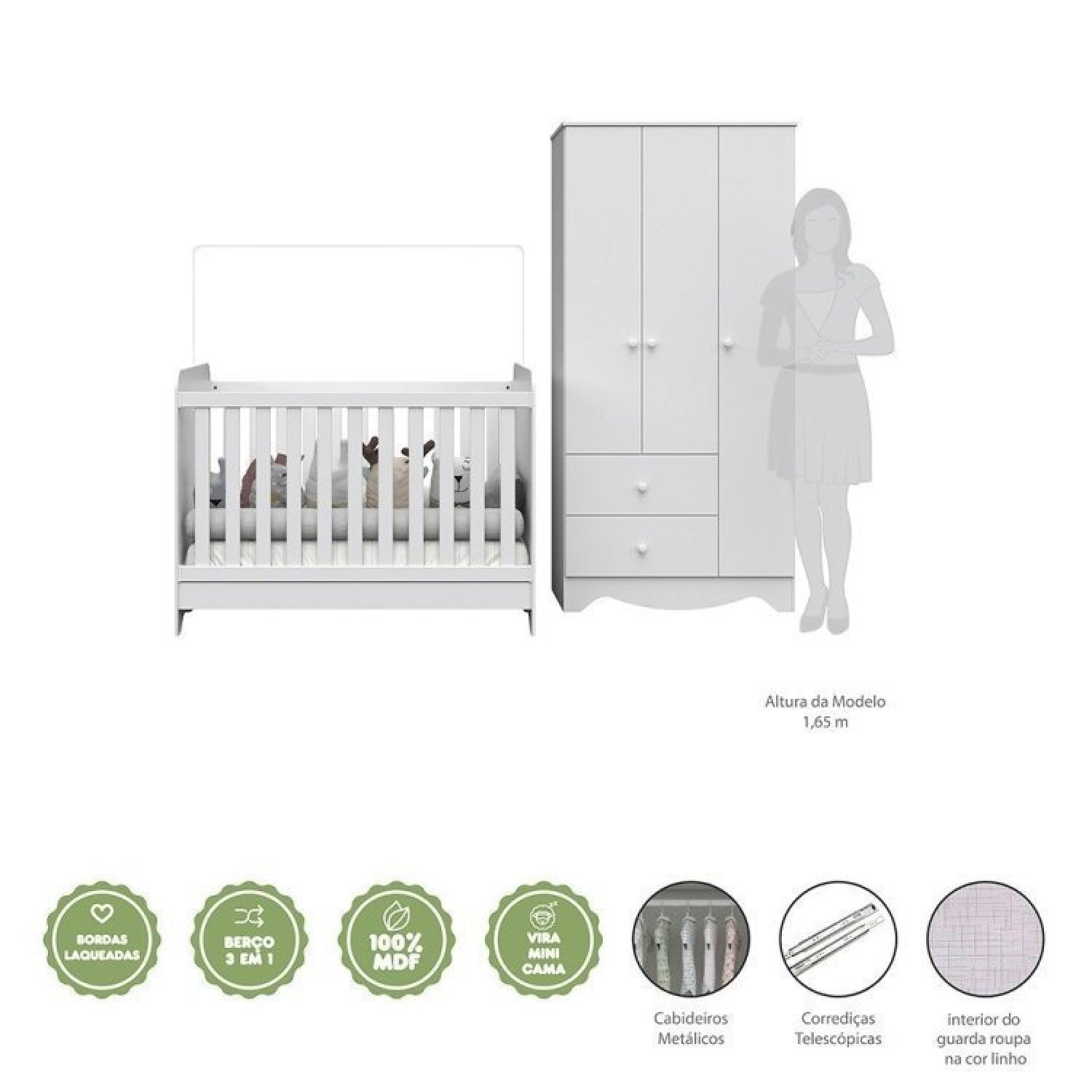Encontraproduto.com.br - Quarto De Bebê Com Berço Americano 3 Em 1 E Guarda Roupa 3 Portas 2 Gavetas Ben Móveis Peroba Branco Brilho