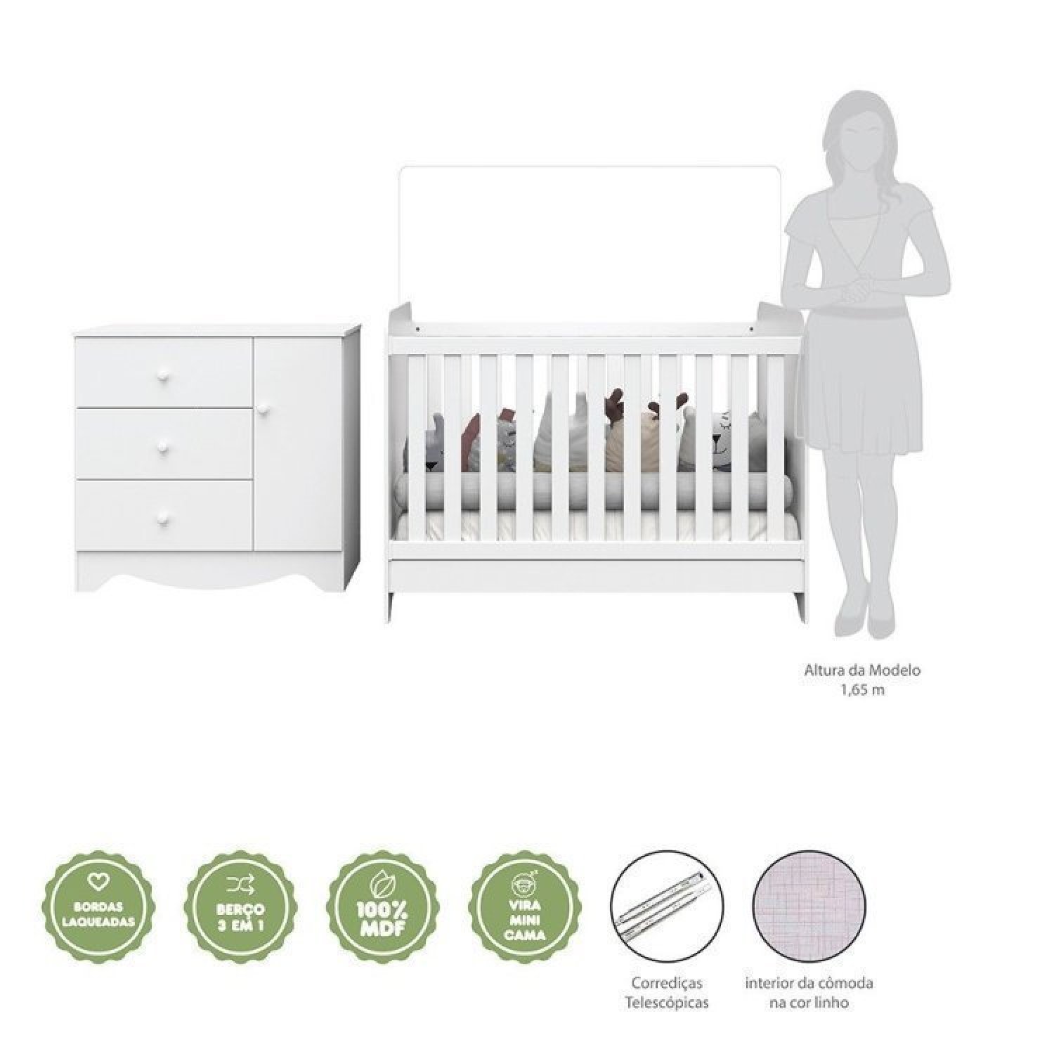 Encontraproduto.com.br - Quarto De Bebê Com Berço Americano 3 Em 1 E Cômoda 1 Porta 3 Gavetas Ben Móveis Peroba Branco Brilho