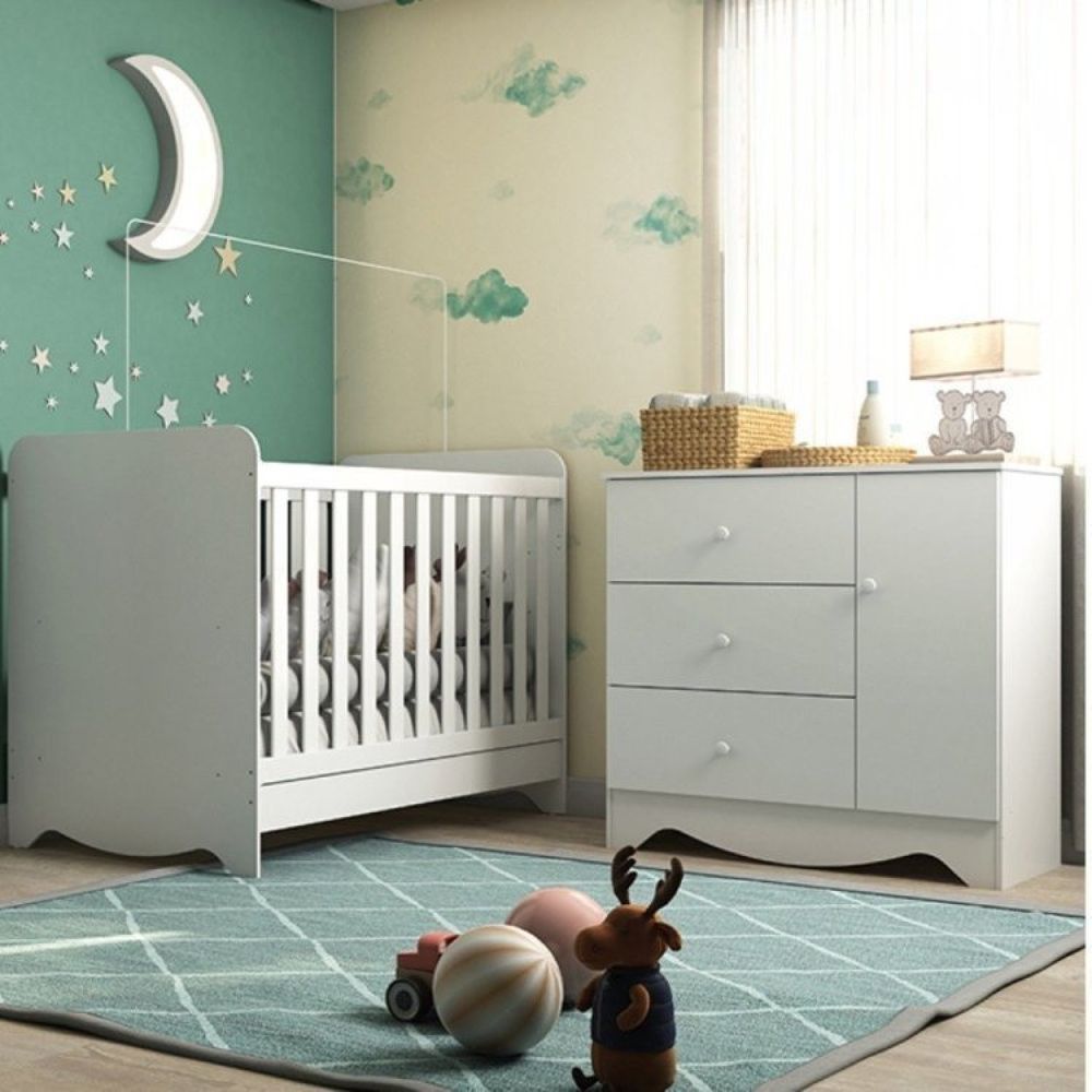 Quarto De Bebê Com Berço Americano 3 Em 1 E Cômoda 1 Porta 3 Gavetas Ben Móveis Peroba Branco Brilho
