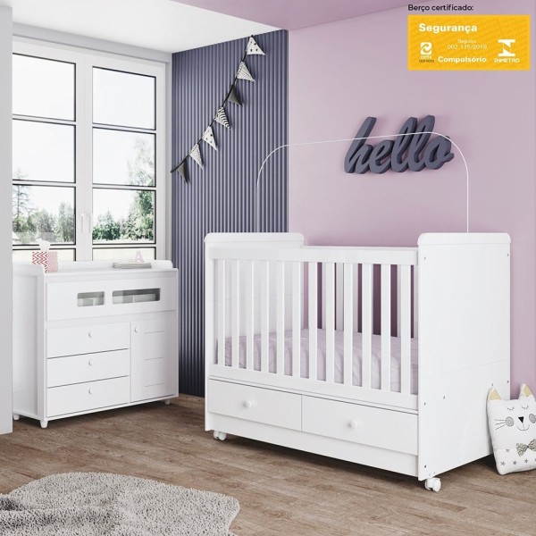 Encontraproduto.com.br - Quarto de Bebê Cômoda com Berço 3 em 1 Bolinha de Sabão Espresso Móveis Branco