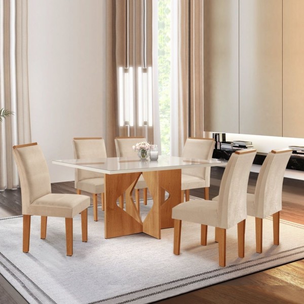 Conjunto Sala De Jantar Mesa Tampo Dakota Plus Vidro 160x80cm Com 6 Cadeiras Laura Yescasa Cinamomo/off White/suede Pena