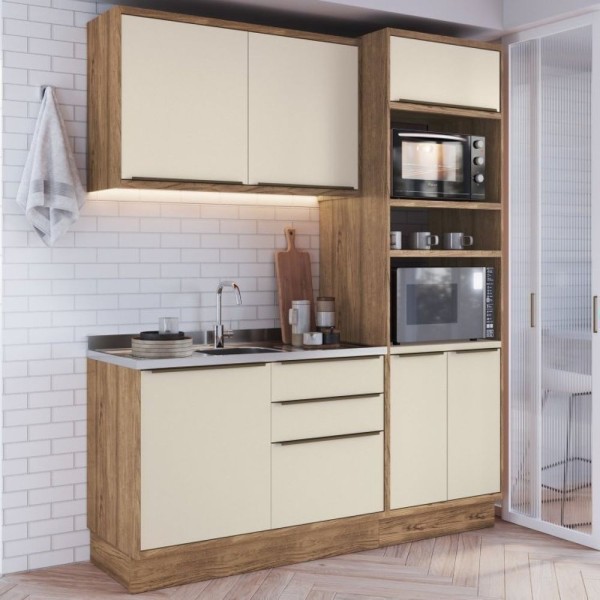 Encontraproduto.com.br - Cozinha Compacta 3 Peças 6 Portas 3 Gavetas Com Divisor De Talheres 2 Nichos Para Forno Viena Edez Louro Freijó/argila