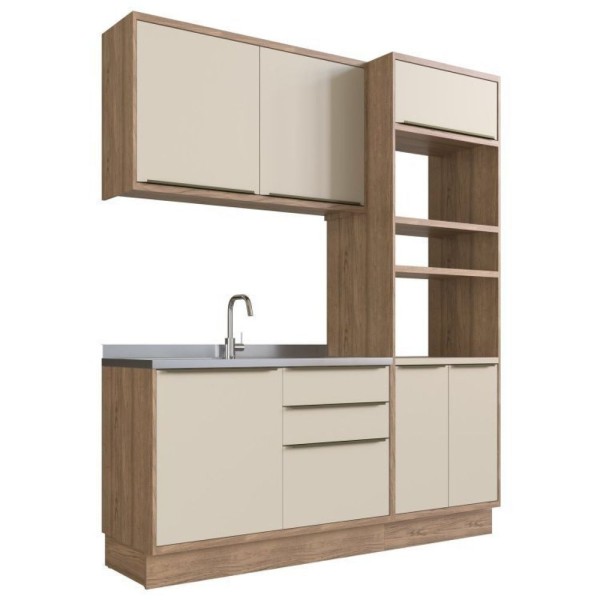 Encontraproduto.com.br - Cozinha Compacta 3 Peças 6 Portas 3 Gavetas Com Divisor De Talheres 2 Nichos Para Forno Viena Edez Louro Freijó/argila
