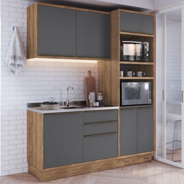Encontraproduto.com.br - Cozinha Compacta 3 Peças 6 Portas 3 Gavetas Com Divisor De Talheres 2 Nichos Para Forno Viena Edez Louro Freijó/cinza