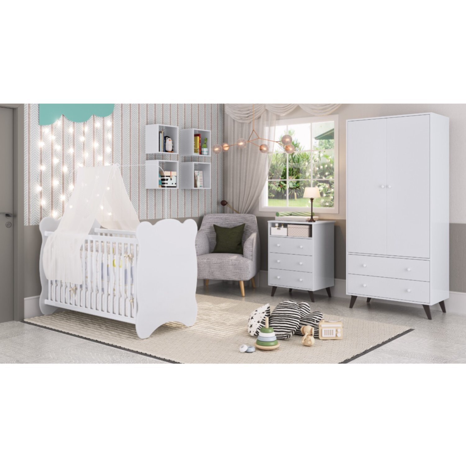 Encontraproduto.com.br - Quarto De Bebe Completo 3 Peças 1 Cômoda 1 Roupeiro 1 Berço Pipoca Móveis Percasa Branco