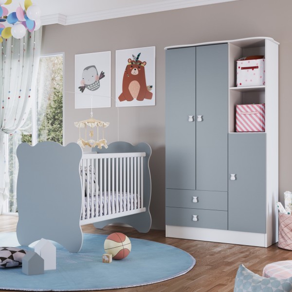 Encontraproduto.com.br - Quarto de Bebê Completo Berço com Guarda Roupa 3 Portas 2 Gavetas 2 Nichos Algodão Doce Móveis Percasa Branco/Azul