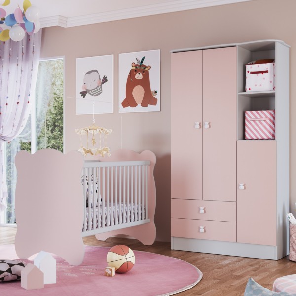 Encontraproduto.com.br - Quarto de Bebê Completo Berço com Guarda Roupa 3 Portas 2 Gavetas 2 Nichos Algodão Doce Móveis Percasa Branco/Rosa