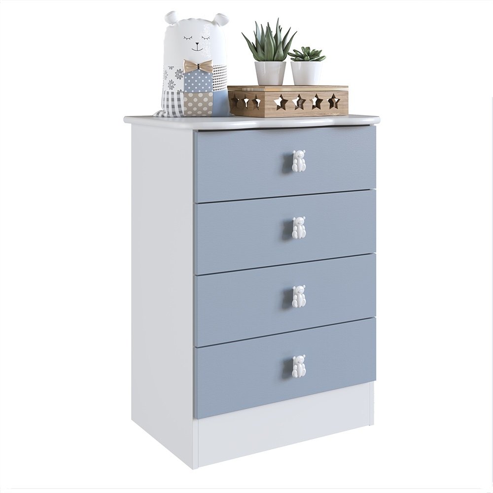 Encontraproduto.com.br - Quarto de Bebê Completo com 1 Berço 1 Cômoda 1 Guarda Roupa Arco-Íris Móveis Percasa Branco/Azul