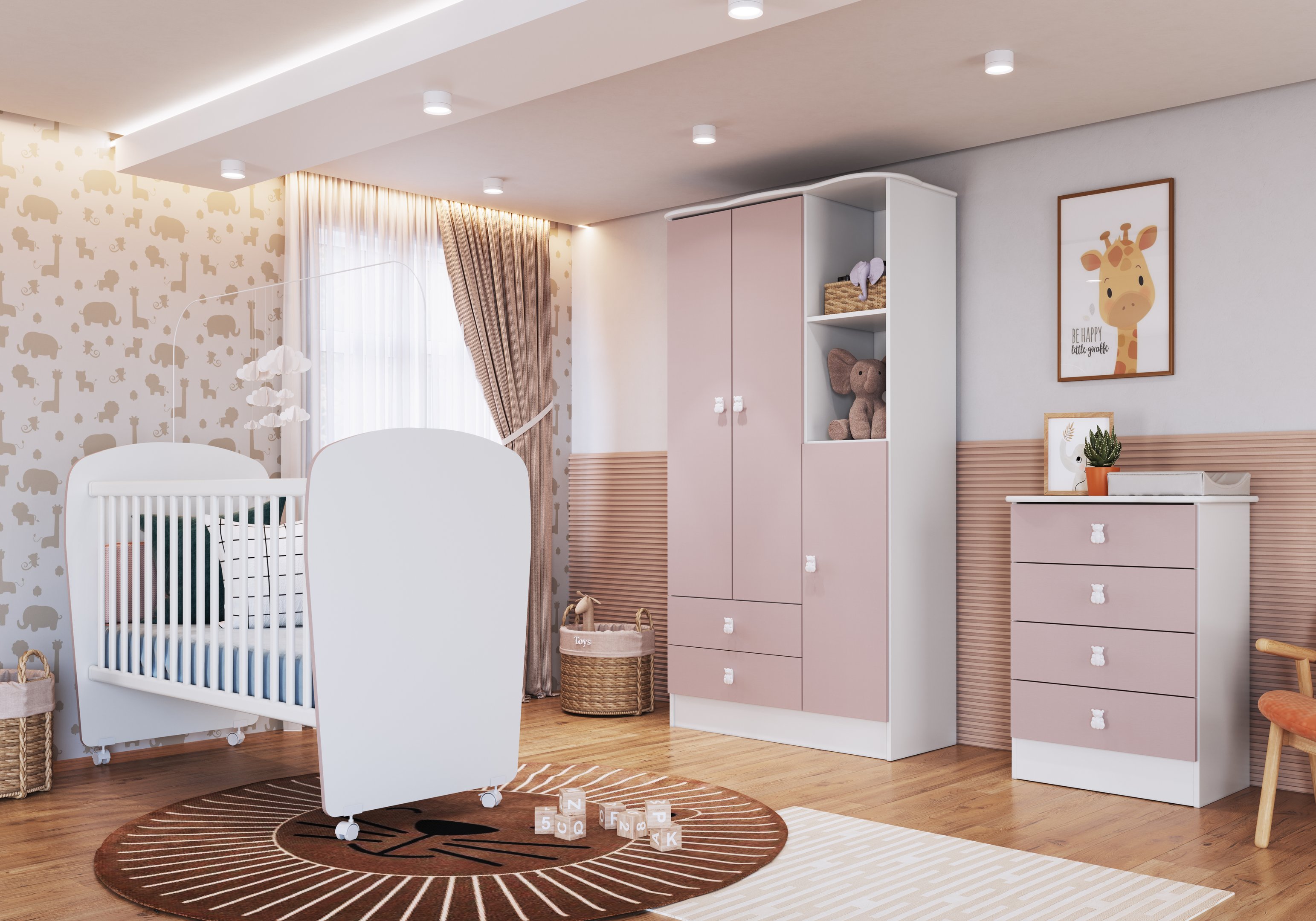Encontraproduto.com.br - Quarto de Bebê Completo com 1 Berço 1 Cômoda 1 Guarda Roupa Arco-Íris Móveis Percasa Branco/Rosa