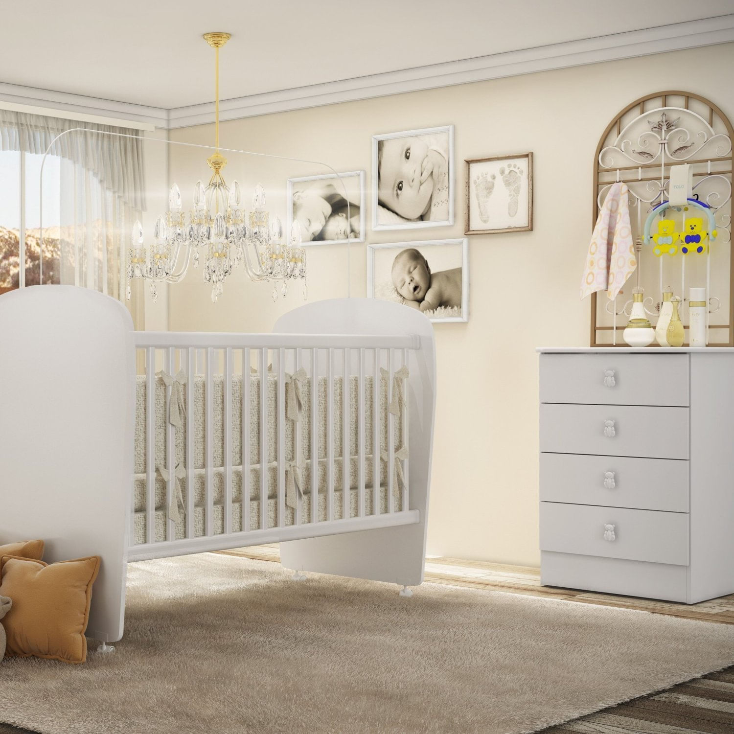 Encontraproduto.com.br - Quarto de Bebê Completo Cômoda 4 Gavetas com Berço Céu Móveis Percasa Branco