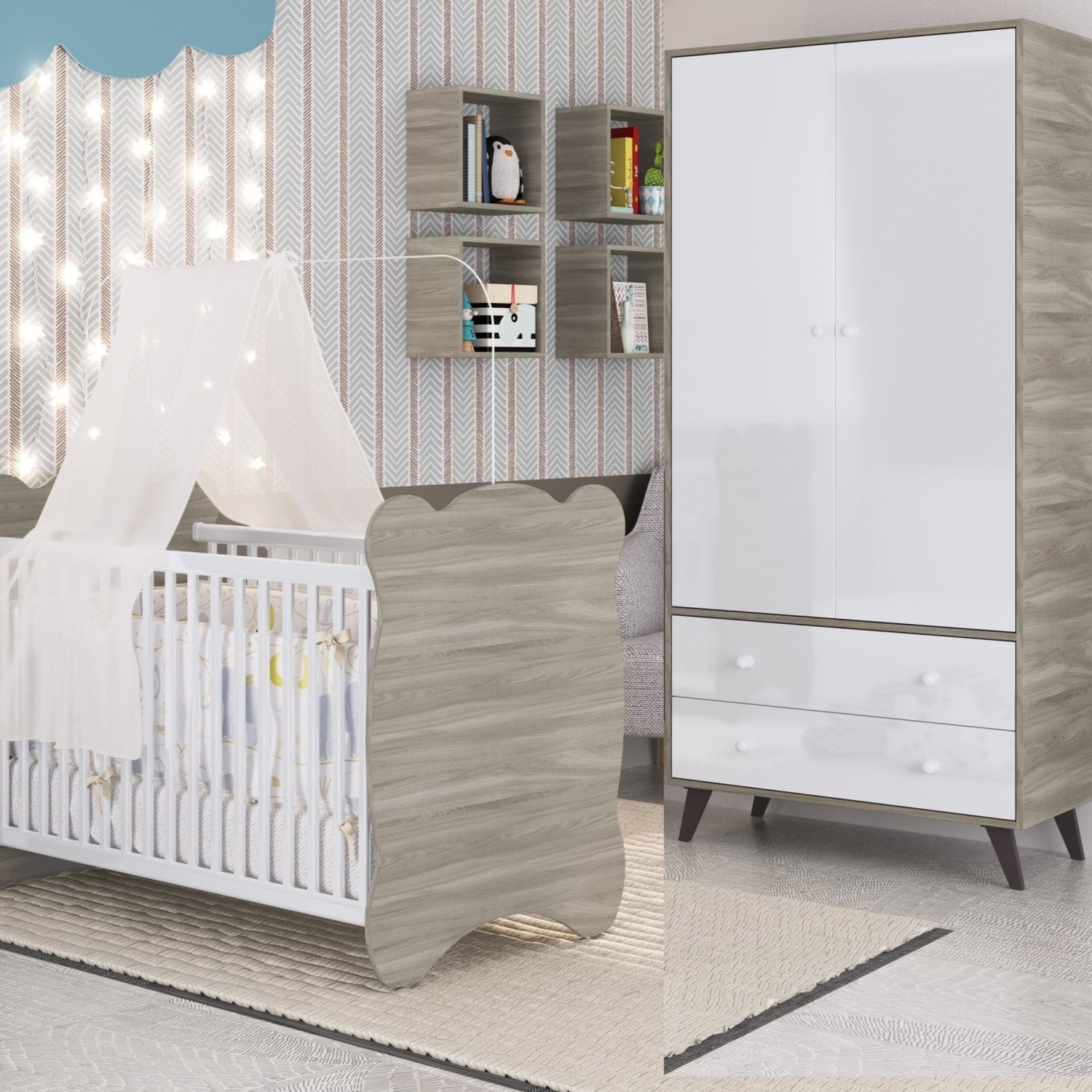 Encontraproduto.com.br - Quarto De Bebê Completo Berço Com Guarda Roupa 2 Portas 2 Gavetas Pipoca Móveis Percasa Fresno/branco