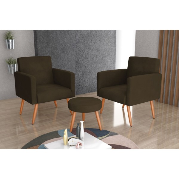 Encontraproduto.com.br - Conjunto 2 Poltronas E 1 Puff Dallas Matrix Veludo Turkey Marrom