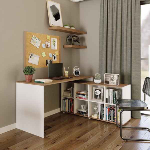 Encontraproduto.com.br - Mesa Escrivaninha Barcelona Em L Com 8 Nichos Drd Móveis Branco/amadeirado Montana/ Perfect Wood