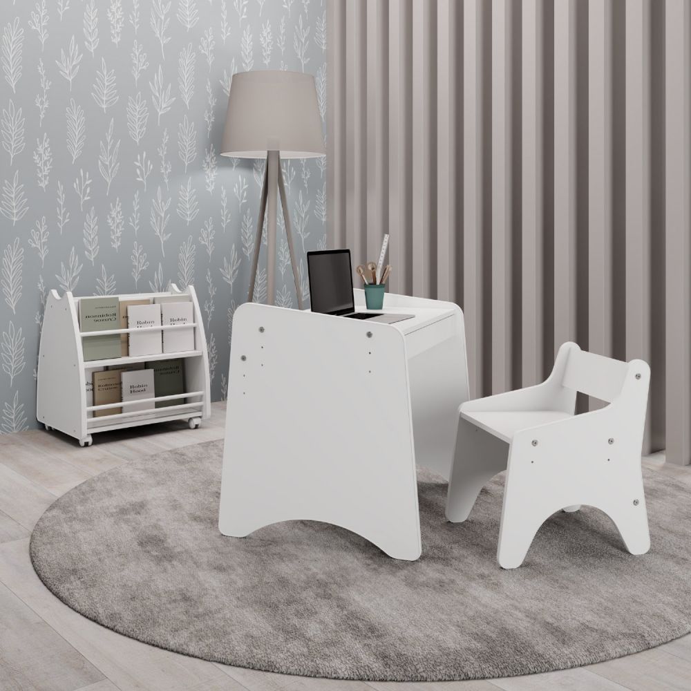Conjunto Infantil 3 Peças 1 Mesa 1 Cadeira Com Regulagem 1 Biblioteca Porta Livros Movelbras Branco