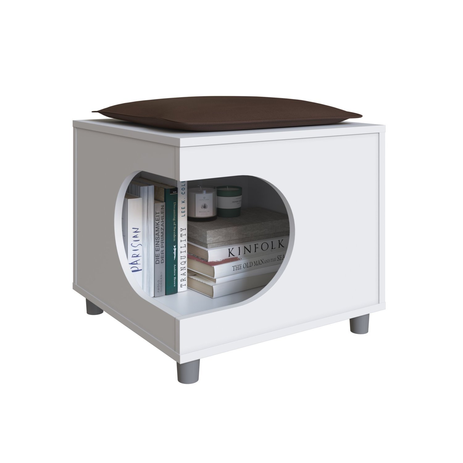 Encontraproduto.com.br - Mesa Lateral com Nicho para Pet Almofada em Corino Branco