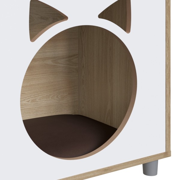 Encontraproduto.com.br - Mesa de Cabeceira com Nicho para Gatos Almofada em Corino Completa Móveis Oak/Branco
