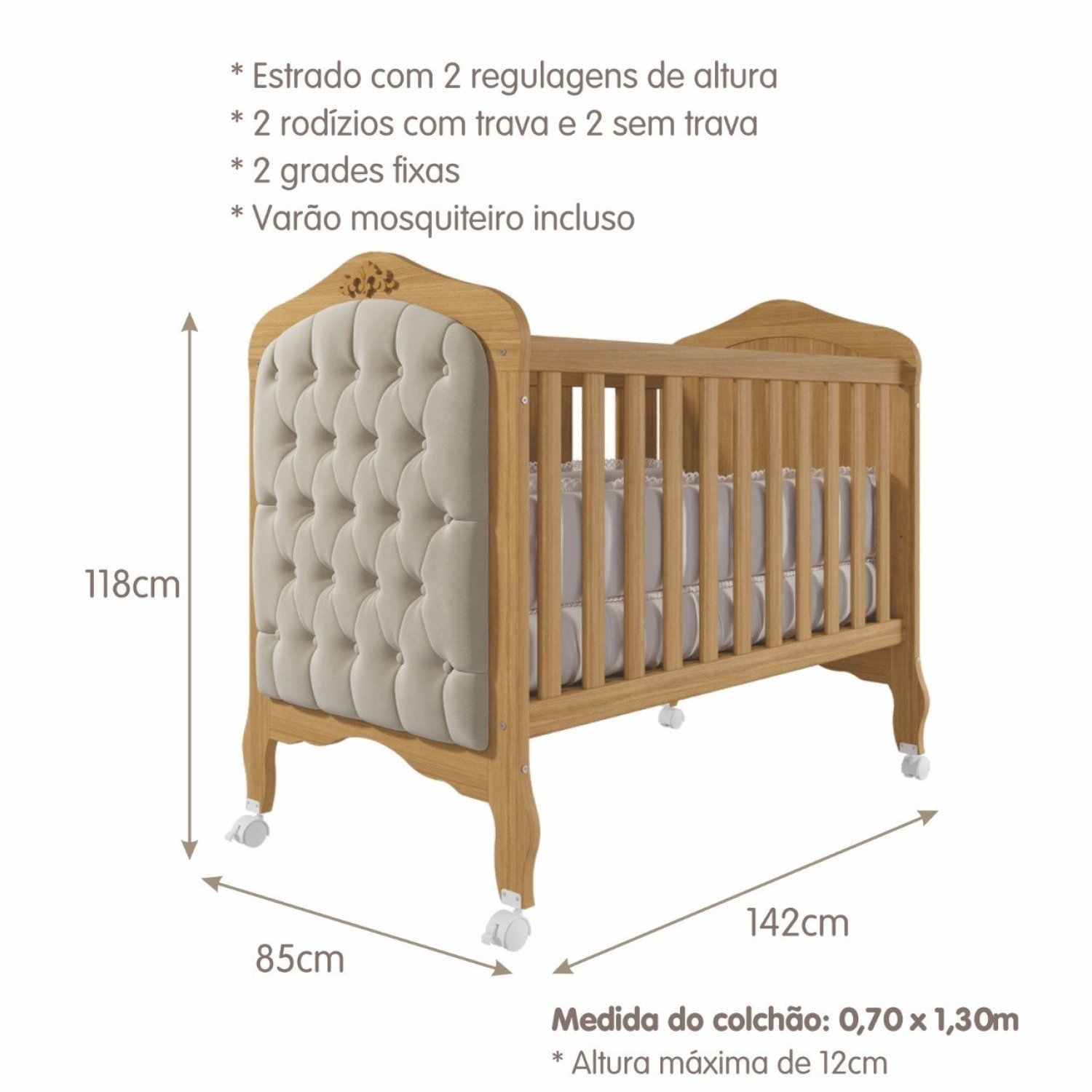 Encontraproduto.com.br - Quarto de Bebê 3 Peças com Berço Capitonê Cômoda 4 Gavetas e Guarda Roupa 4 Portas 4 Gavetas Aquarel Nature/Branco