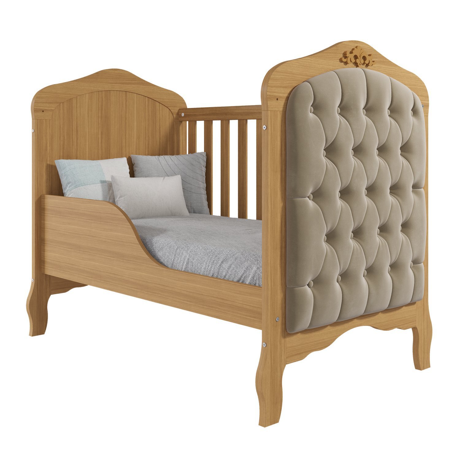 Encontraproduto.com.br - Quarto de Bebê 3 Peças com Berço Capitonê Cômoda 4 Gavetas e Guarda Roupa 4 Portas 4 Gavetas Aquarel Nature/Branco