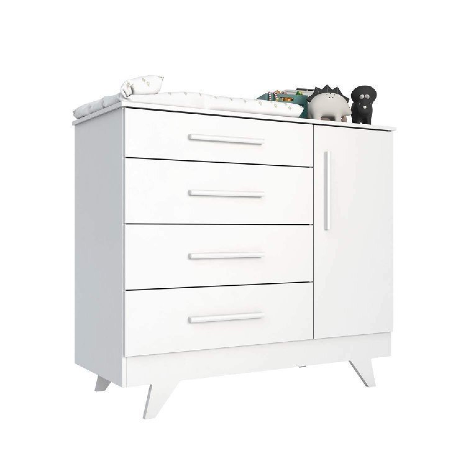 Encontraproduto.com.br - Conjunto para Quarto de Bebê com Cômoda 1 Porta 4 Gavetas e Berço Mini Cama Retrô Móveis Peroba Branco Brilho