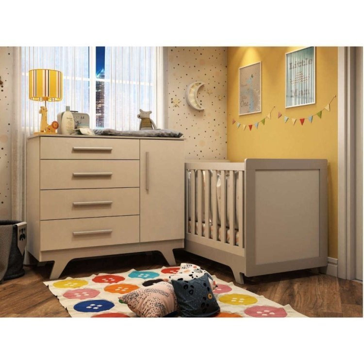 Conjunto para Quarto de Bebê com Cômoda 1 Porta 4 Gavetas e Berço Mini Cama Retrô Móveis Peroba Branco Brilho/Cinza
