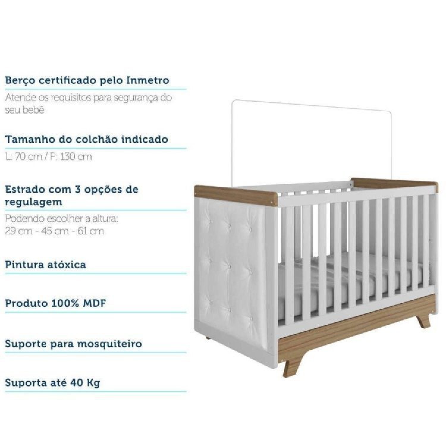 Encontraproduto.com.br - Quarto de Bebê com Cômoda 1 Porta 4 Gavetas e Berço com Capitonê Retrô Jolie Branco Brilho/Carvalho