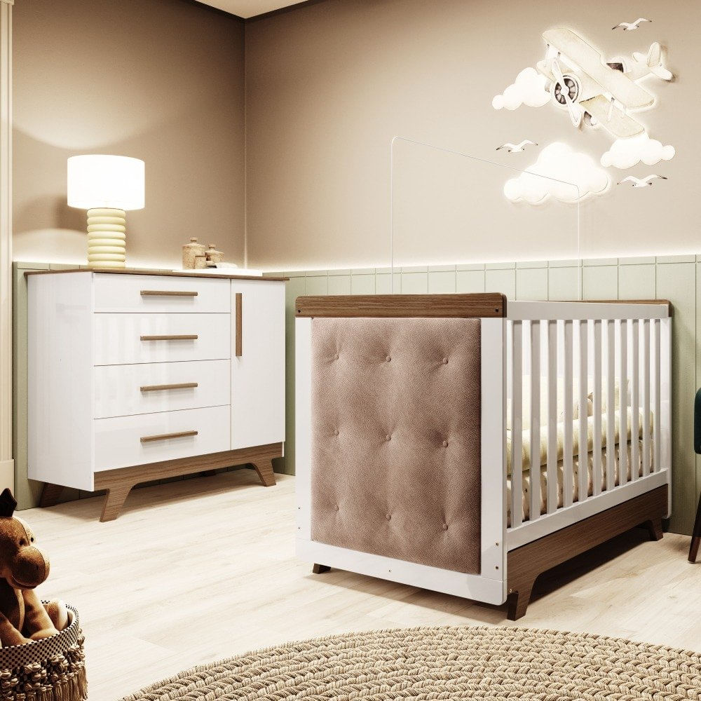 Quarto de Bebê com Cômoda e Berço com Capitonê Retrô Jolie Branco Brilho/Carvalho
