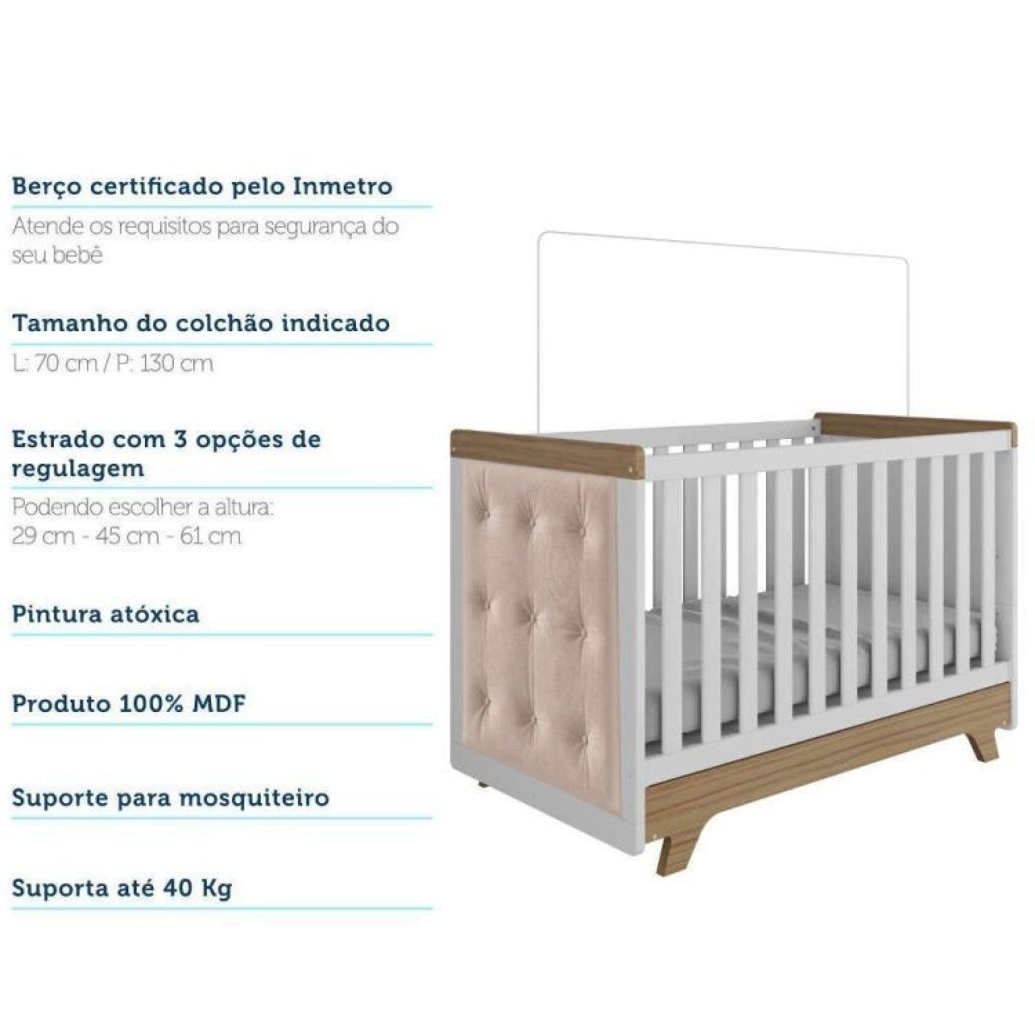 Encontraproduto.com.br - Quarto de Bebê com Cômoda e Berço com Capitonê Retrô Jolie Branco Brilho/Carvalho