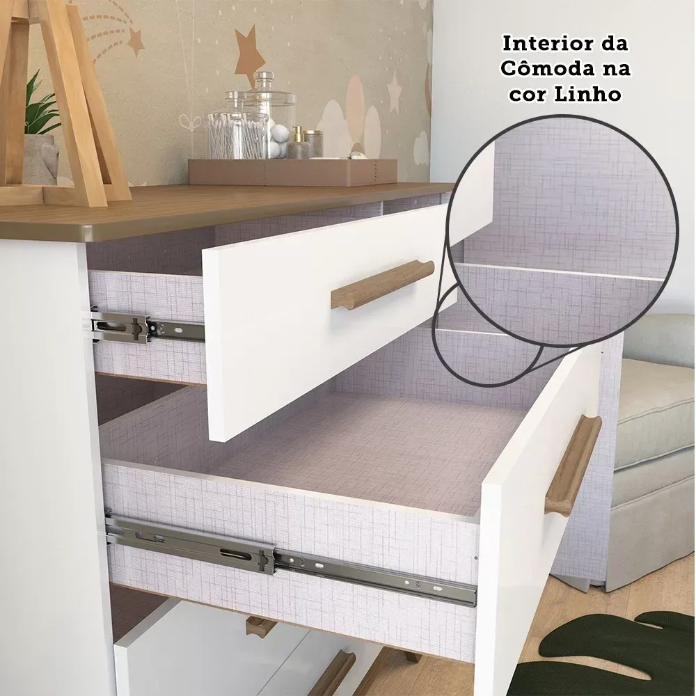 Encontraproduto.com.br - Quarto de Bebê com Cômoda e Berço com Capitonê Retrô Jolie Branco Brilho/Carvalho